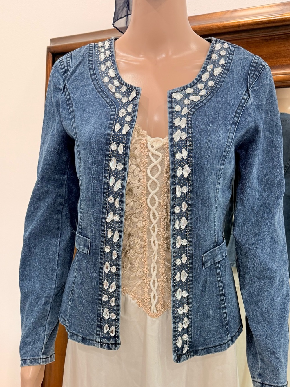 Mennecy Vintage Y2K Embellished Denim Cardigan Jacket Rhinestones Size S